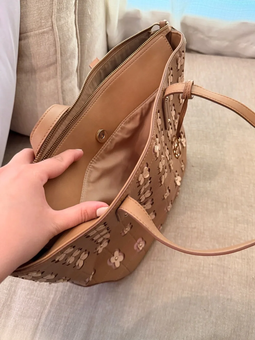 Nine West Brown Floral Appliqué Quilted Tote Bag with Pink Clover Accents - Picture 3 of 5